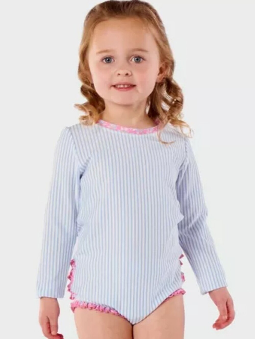 Ruffle Butts Blue & Pink Striped Long-Sleeve One-Piece Swimmer Size 2t